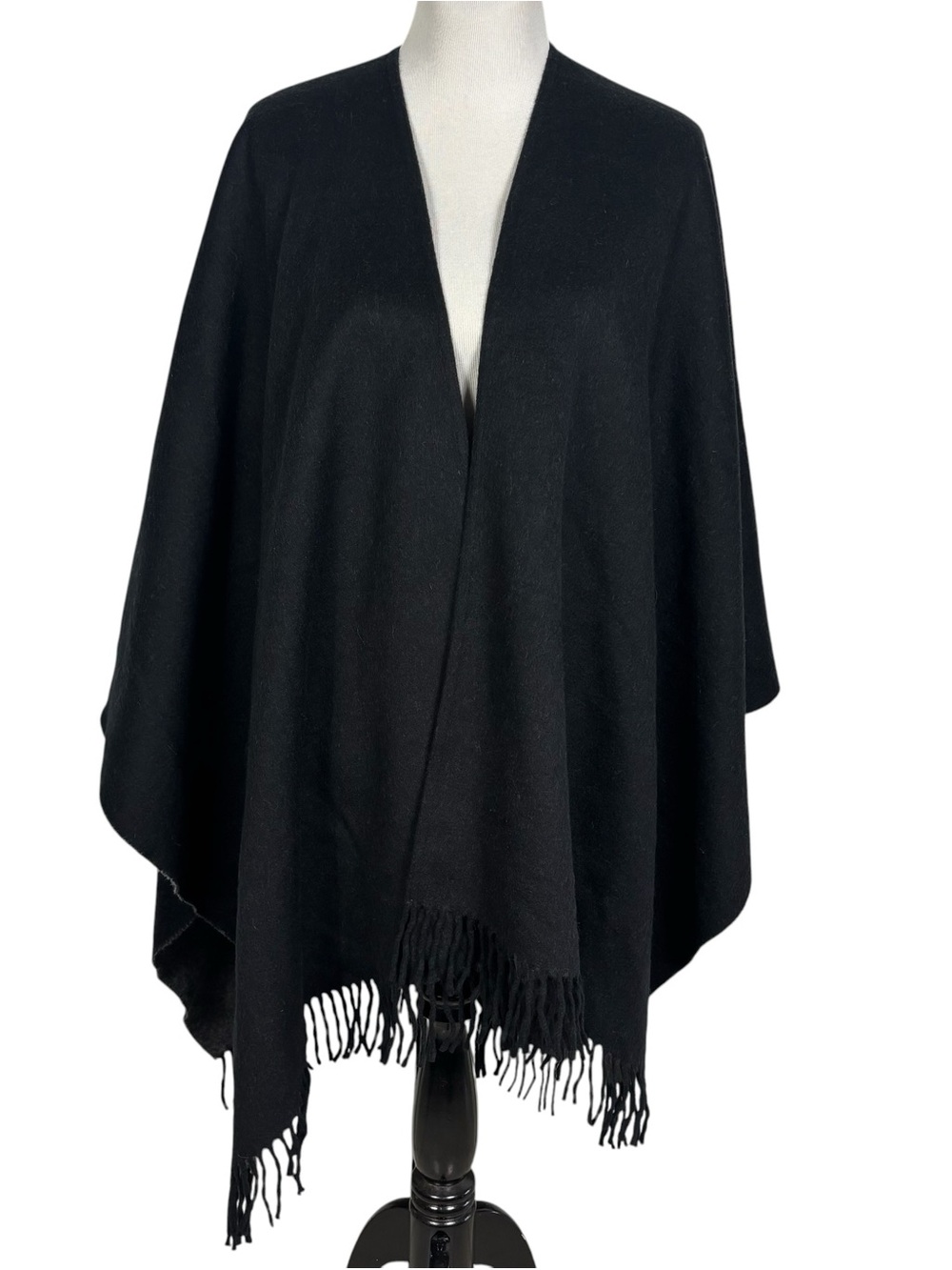 Talbots Wool Poncho Wrap Black Gray Open Front Fringe Shawl One Size Italy